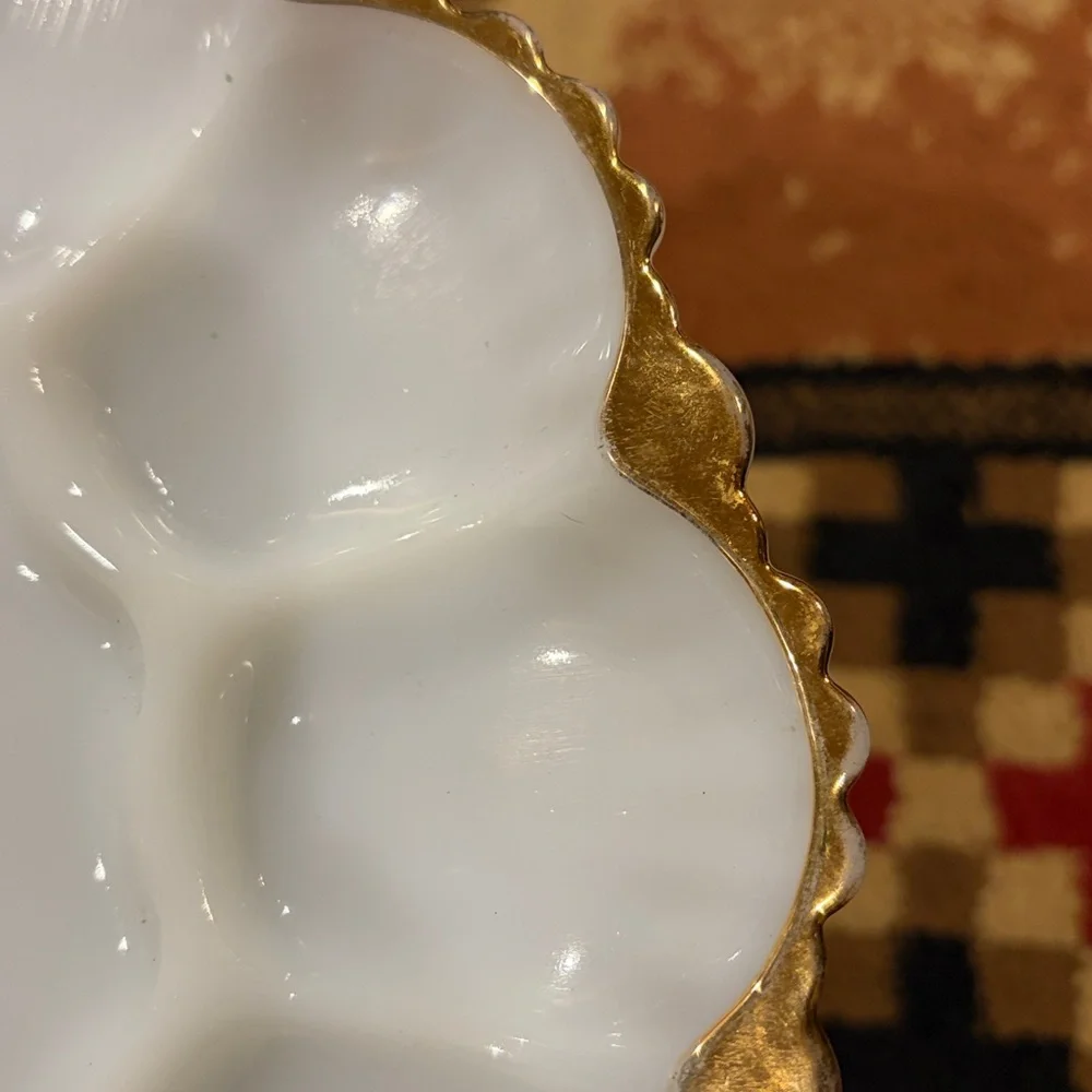 Vintage milk glass with gold scalloped deviled egg tray